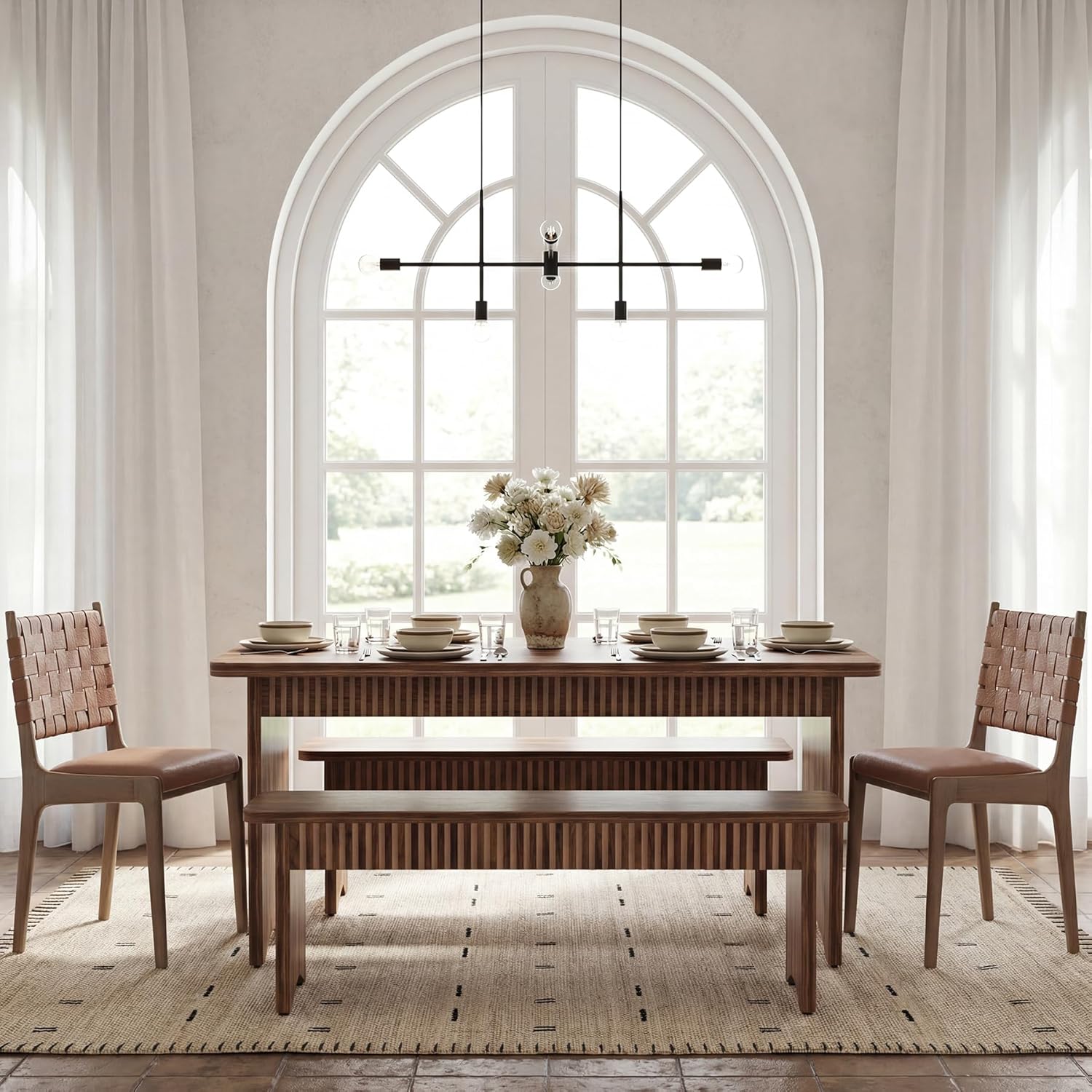 LITTLE TREE 55" Dining Table with 2 Benches, Dining Table Set for 4-6 People, Farmhouse Kitchen Table with Bench, Dining Room Table Set