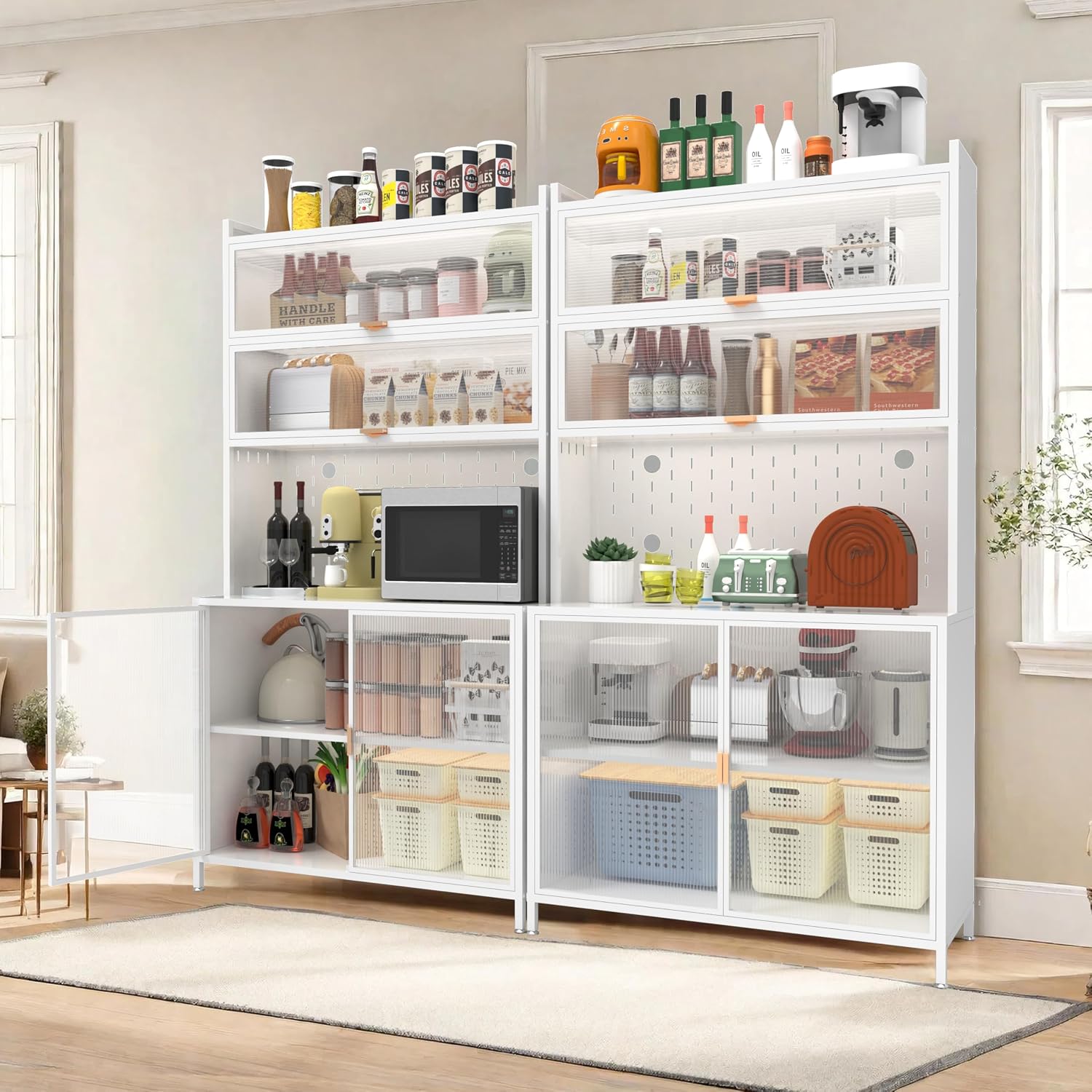 Spaco 73" Tall Kitchen Pantry Cabinet,6 Tiers Food Pantry Cabinet with Adjustable Shelves and Side Hooks,Anti-Tip Display Storage Cupboard for Kitchen,Living Room and Dining Room. (White)