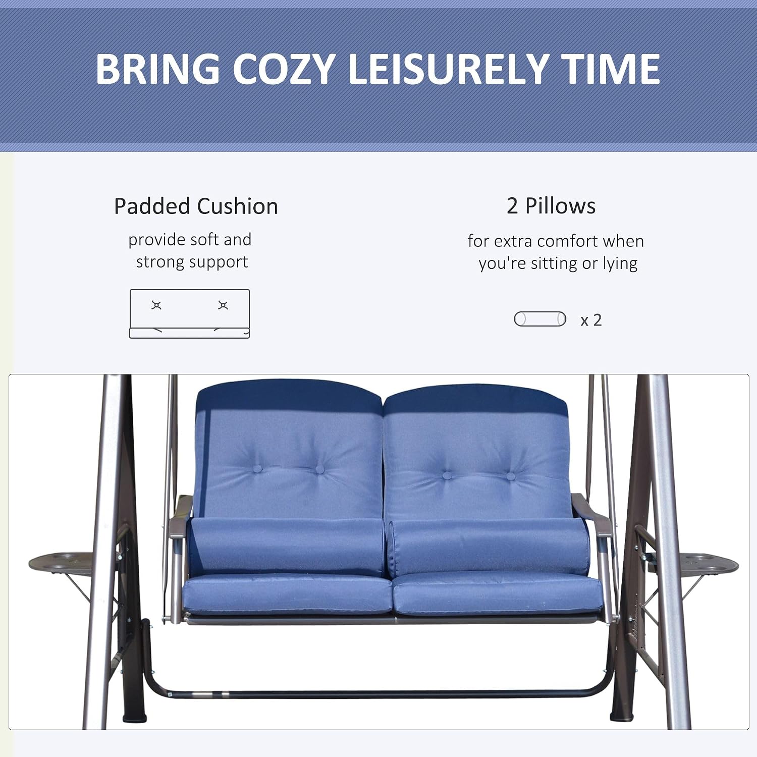 Outdoor Patio Swing Chair for Two with Tilting Canopy and Cushions