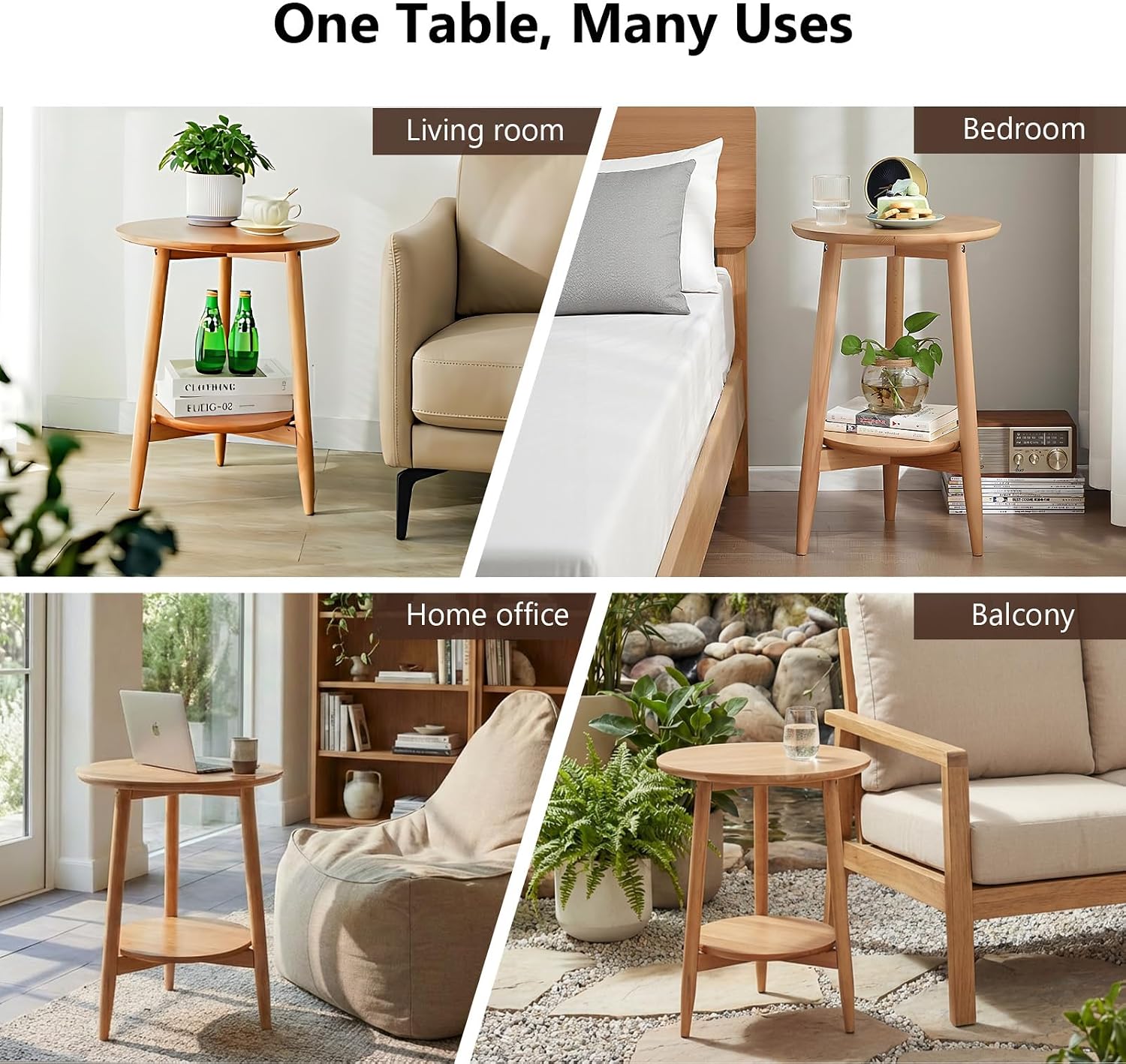 Side Table, Small Round End Table with 2-Tier Shelf, Solid Wood Nightstand for Living Room Bedroom, Mid Century Modern Accent Table for Small Spaces, Natural 19.49" D x 24.02" H