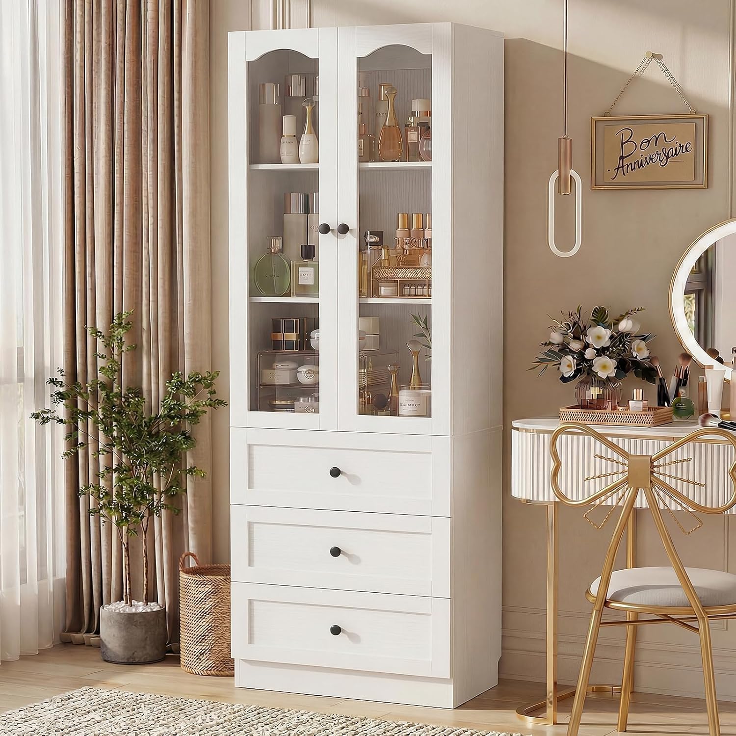 Cyclysio 80" Tall Pantry Cabinet for Kitchen Storage, White Pantry Cabinet with Glass Doors & 3 Drawers - Freestanding Storage Bookcase with Built-in Baseboard Notch for Dining, Living Room