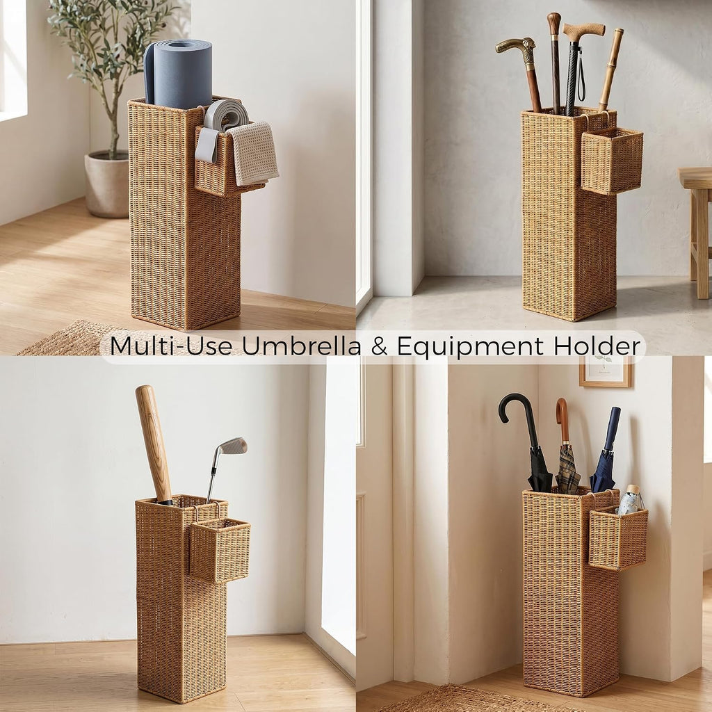 Rattan Umbrella Stand with Drip Tray, 22.5''H Umbrella Holder with Small Basket for Entryway, Tall Wicker Basket for Storage, Woven Organizer for Inoor, Outdoor, Home, Office, Hotel