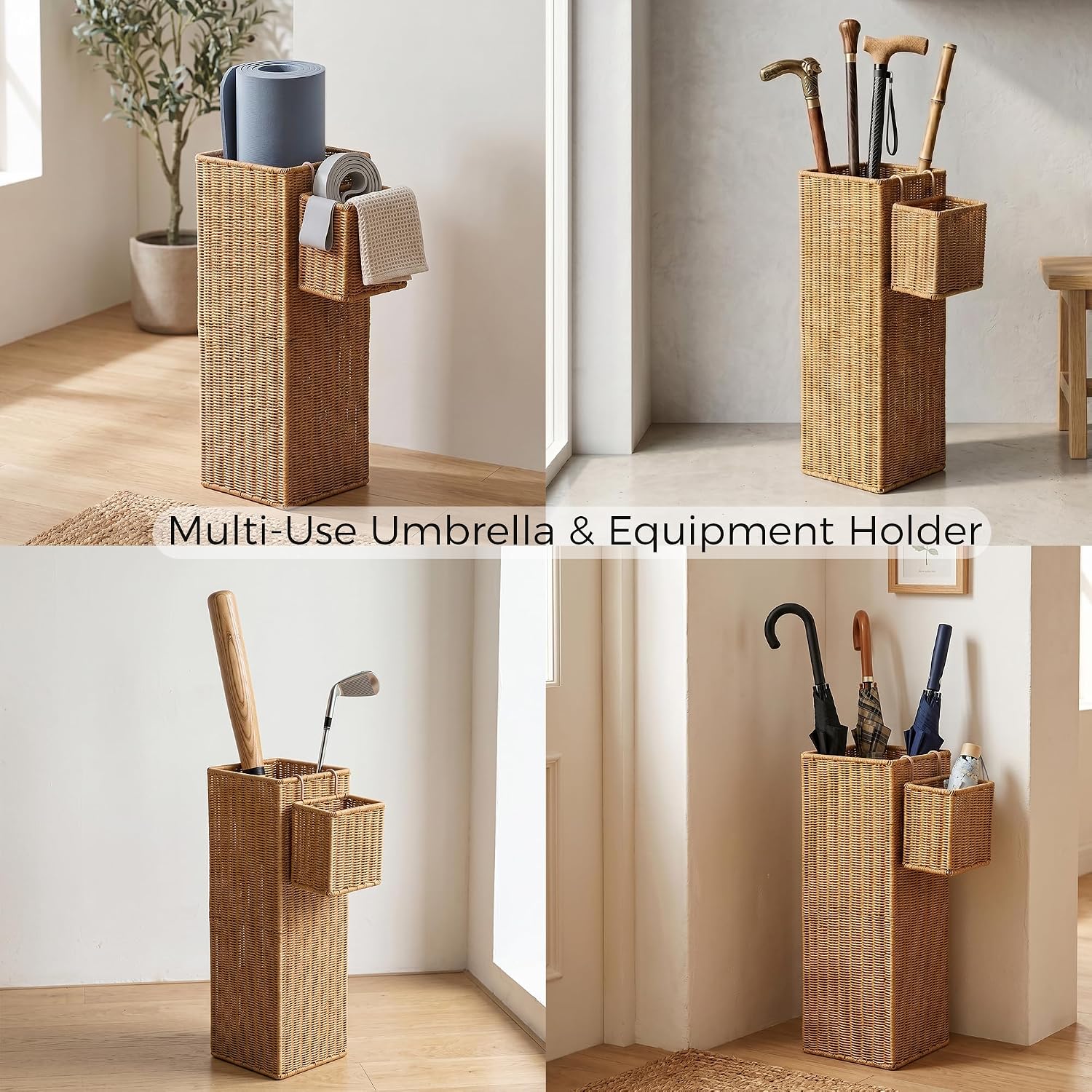 Rattan Umbrella Stand with Drip Tray, 22.5''H Umbrella Holder with Small Basket for Entryway, Tall Wicker Basket for Storage, Woven Organizer for Inoor, Outdoor, Home, Office, Hotel