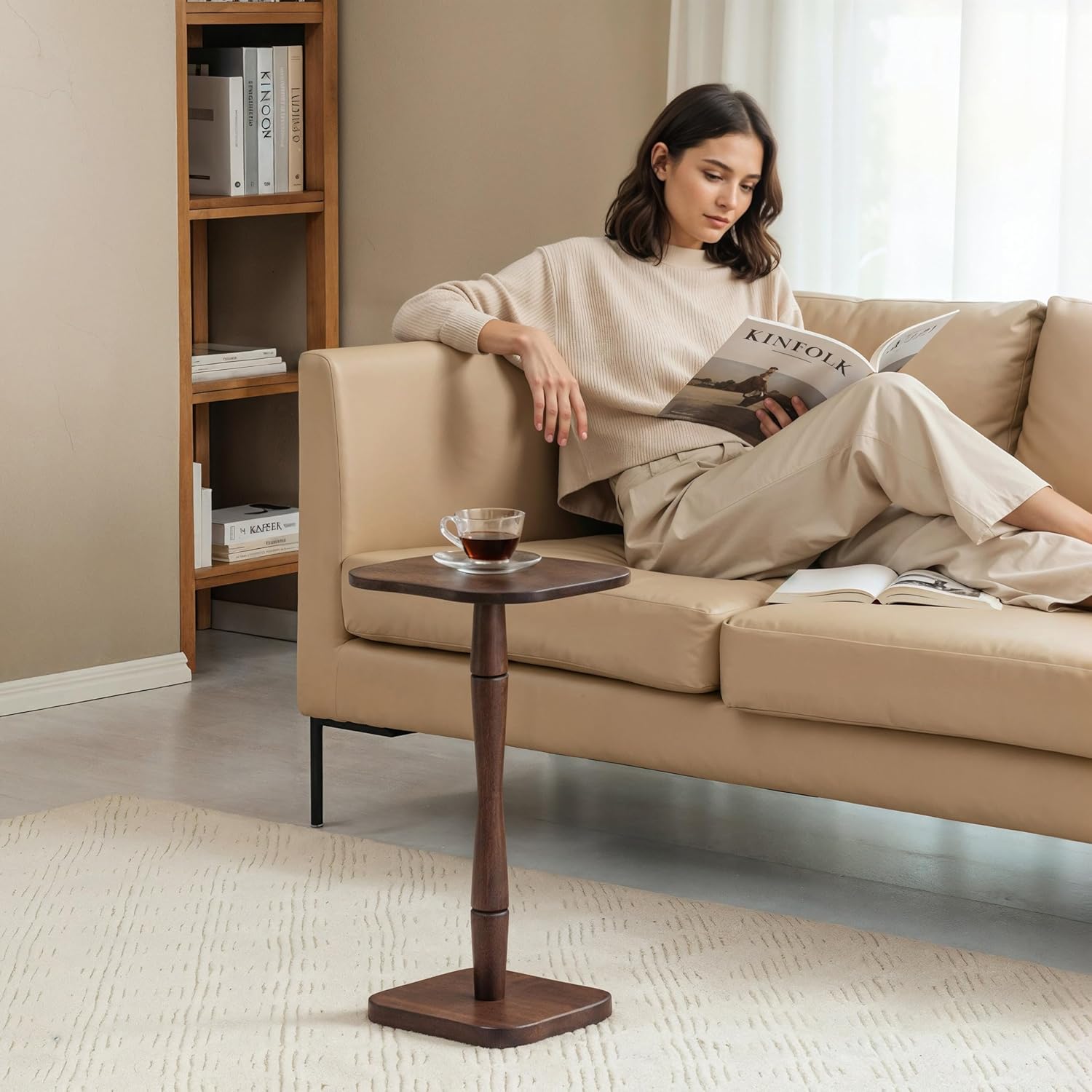 MH London Destiny Drink Table - 22" High Solid Mango Wood Pedestal Side Table - Minimalist Handmade Espresso Accent Table for Small Spaces
