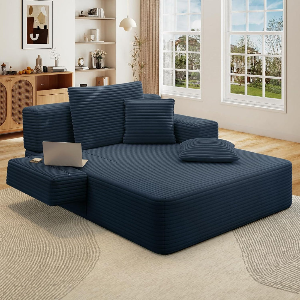 Boneless Chaise Lounge Chair Indoor, 60" Oversized Sleeper Couches W/Foldable Armrest Cloud Corduroy Upholstered Reading Chairs Floor Sofa Bed for Living Room No Assembly, Blue