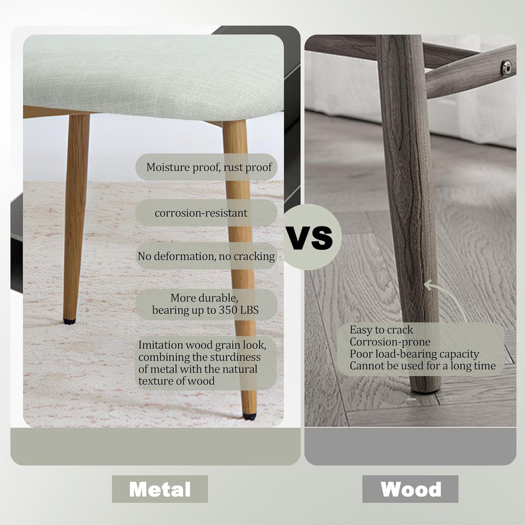 FREKEN Modern Upholstered Dining Chairs Set of 4, Mid-Century Metal Frame with Wood Grain, Linen Fabric Side Chair for Kitchen Dining Room, 350lbs Capacity, Beige