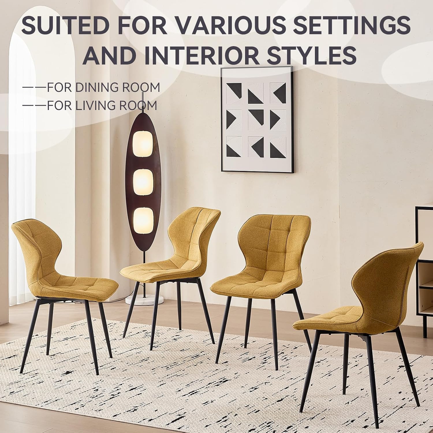 Dining Chairs Set of 4, [Water Resistant Fabric] Modern Upholstered Dining Room Kitchen Chairs with Metal Legs, Yellow (Only Chairs)