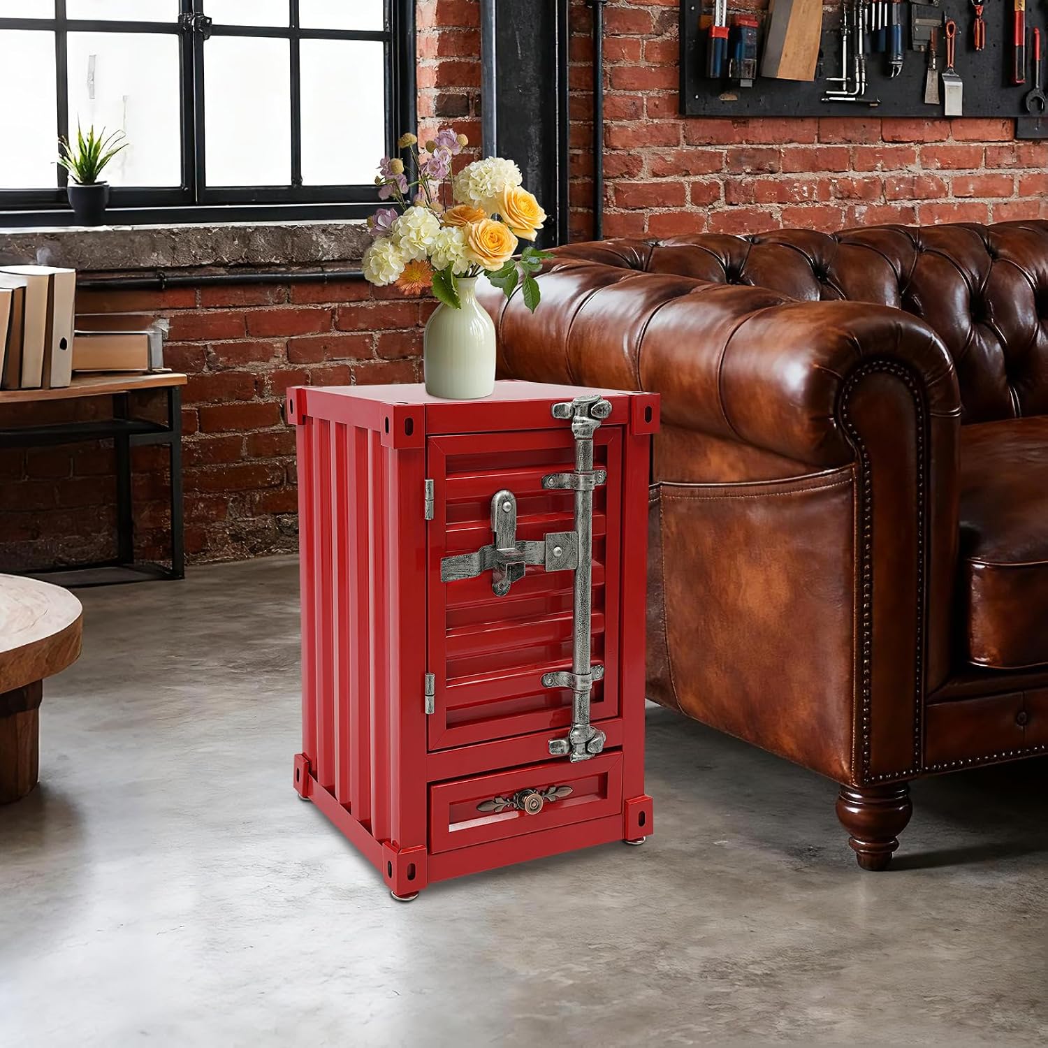 Industrial Metal Container Side Table 3-Tier Iron Cabinet with Drawer and Password Lock, Floorstanding Bedside Table for Bedroom, Living Room, Bar, Garage, Office, 32x32x50cm (Red)