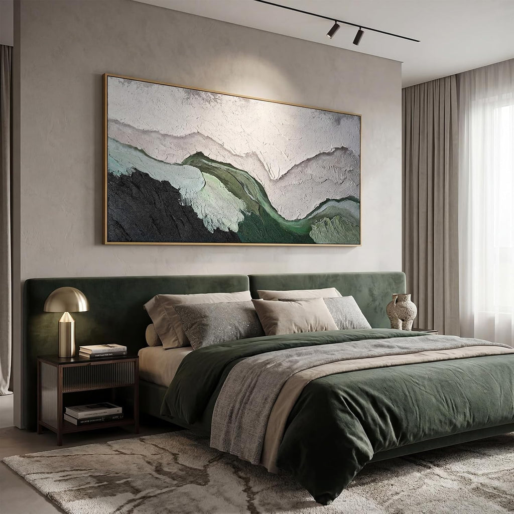 Sintuff 28 x 55 Inch 3D Textured Large Framed Art Prints, Abstract Hand-painted Sage Green Beige Beach Ocean Waves Oil Painting, Minimalist Artwork Wall Decor for Living Room Bedroom