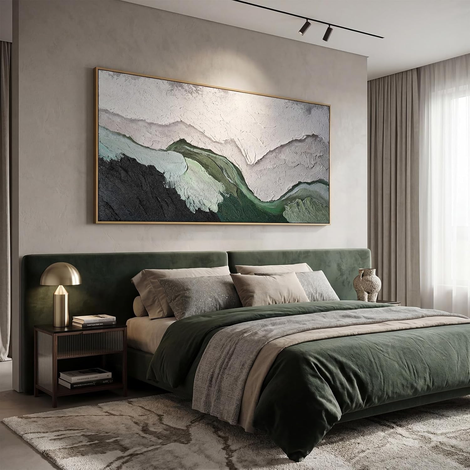 Sintuff 28 x 55 Inch 3D Textured Large Framed Art Prints, Abstract Hand-painted Sage Green Beige Beach Ocean Waves Oil Painting, Minimalist Artwork Wall Decor for Living Room Bedroom