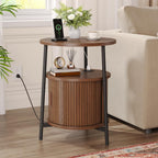 Round Side Table with Storage, Nightstand with Charging Station, Mid Century Modern Fluted Bedside Table with Sliding Door, Small Wood End Table for Living Room Small Space Bedroom, Walnut