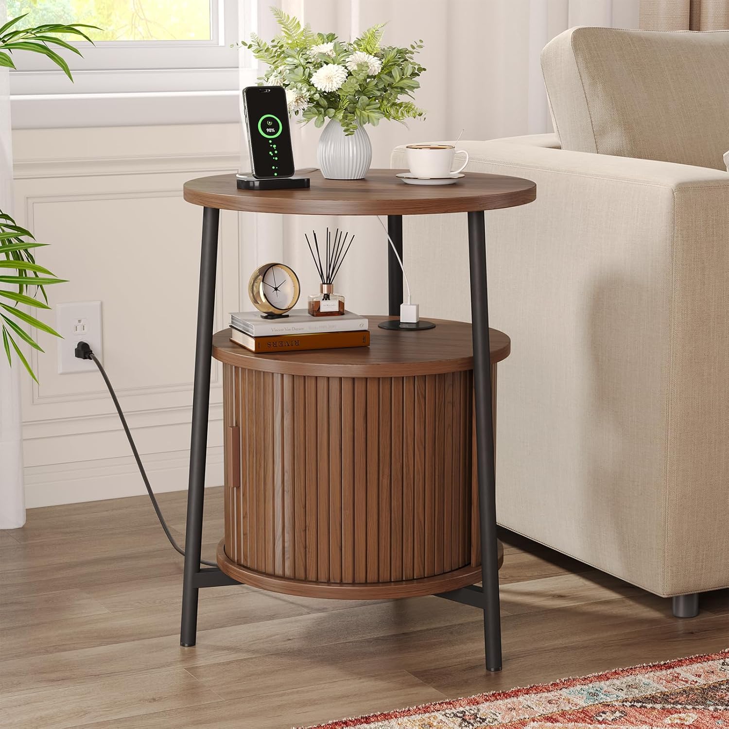 Round Side Table with Storage, Nightstand with Charging Station, Mid Century Modern Fluted Bedside Table with Sliding Door, Small Wood End Table for Living Room Small Space Bedroom, Walnut