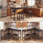 GarveeHome 63" l-Shaped Convertible Bar Table Set with Power Outlets, 3-Piece Counter Height Dining Set for 2-4, Space Saving Kitchen Breakfast Nook Corner Table with 2 Stools