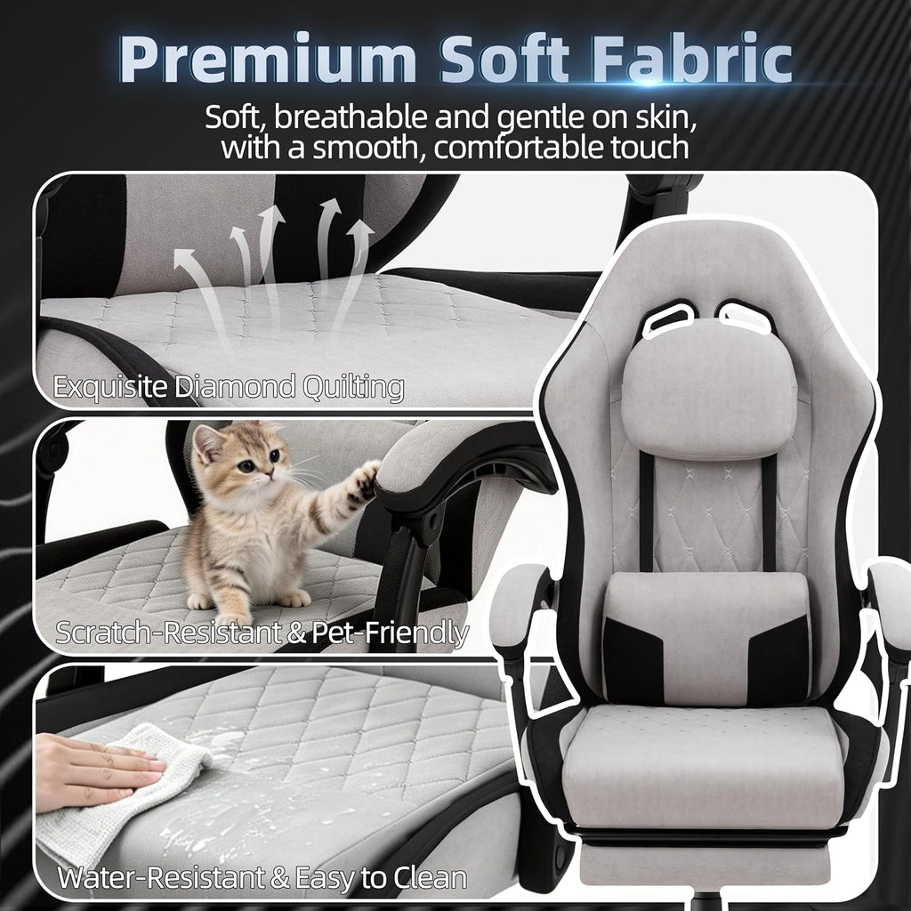 Gaming Chair for Adults, Fabric Gaming Chair with Footrest and Pocket Spring Cushion, Ergonomic Gamer Chair with Lumbar Support, Reclining Computer Gaming Chair with High Back, Grey