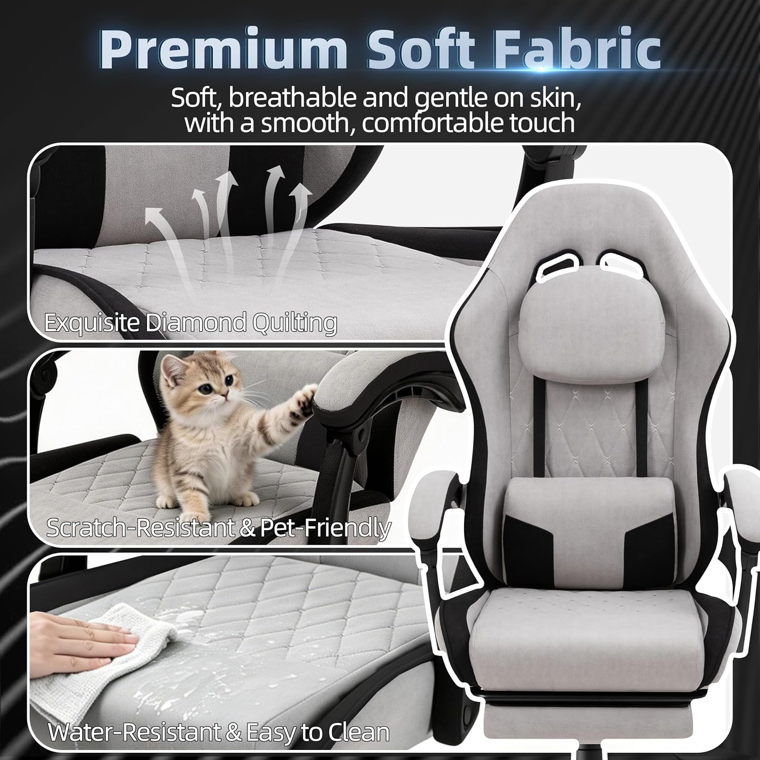 Gaming Chair for Adults, Fabric Gaming Chair with Footrest and Pocket Spring Cushion, Ergonomic Gamer Chair with Lumbar Support, Reclining Computer Gaming Chair with High Back, Grey