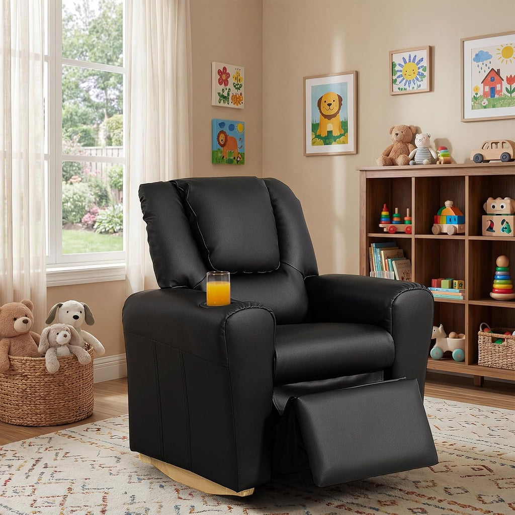 AVAWING Kids Recliner Chair with Cup Holder, Leather Toddler Recliner with Adjustable Backrest, Curved Rocking Legs and Comfy Armrests for Bedroom or Nursery (Black)