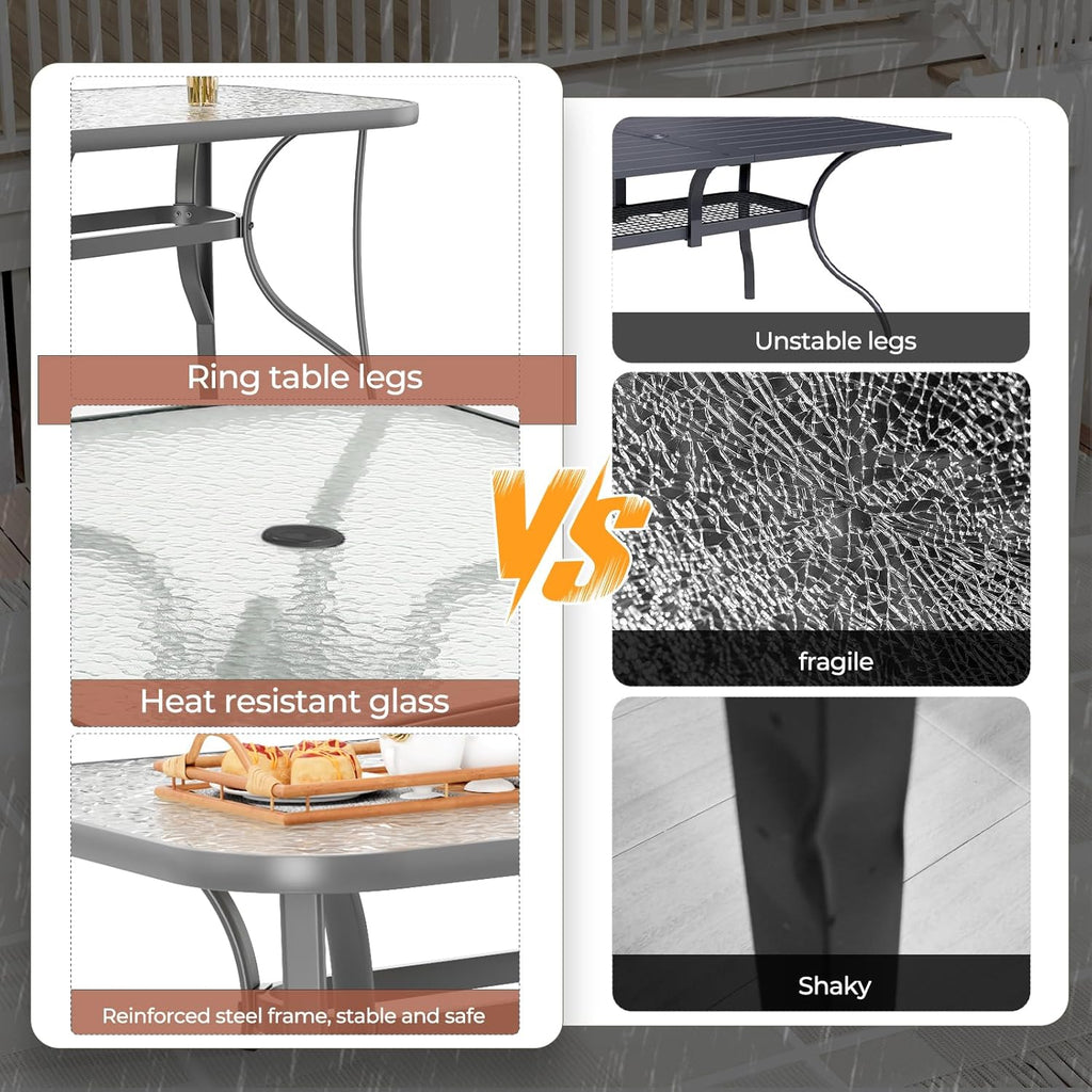 TLSUNNY Patio 30"X 55" Rectangular Glass Table with 1.69″ Umbrella Hole | Outdoor Dining Table for 6, with Powder-coated Metal Frame, 5mm Thickened Glass, 220LBS, All-Weather for Graden, Backyard