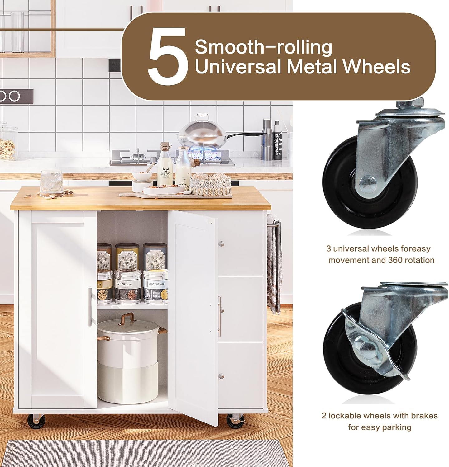 SUNLEI Kitchen Island with Storage Cabinet & Foldable Drop Leaf, Buffet Sideboard Cabinet, Cart Handle for Towel Rack, Drop Leaf, Portable Islands for Kitchen (Stylish White, 39.7-INCH)