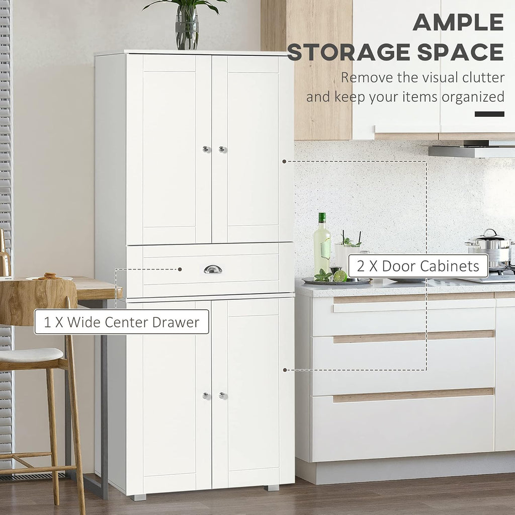 72" Freestanding Kitchen Pantry Cabinet with 2 Large Double Door Cabinets and 1 Center Drawer, White,15.75 * 29.25 * 72.5