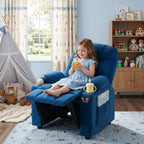 Velvet Larger Kids Reclining Chair Fabric Recliner Sofa Push Back Children Ages 3-12 with Dual Cup Holders and 4 Pockets
