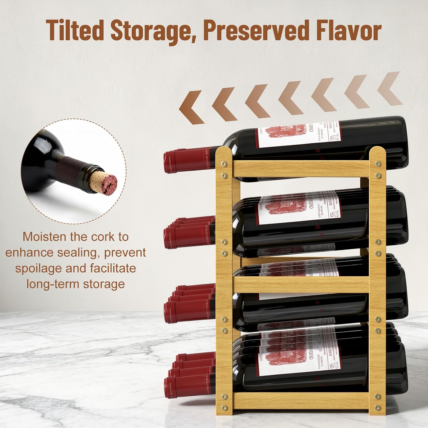 Nuovoware Bamboo Wine Rack, 4-Tier 16-Bottle with Wavy Groove, Wood Color | Sturdy Freestanding Countertop Shelf for Kitchen, Pantry, Dining Room, Basement, Bar, Wine Cellar