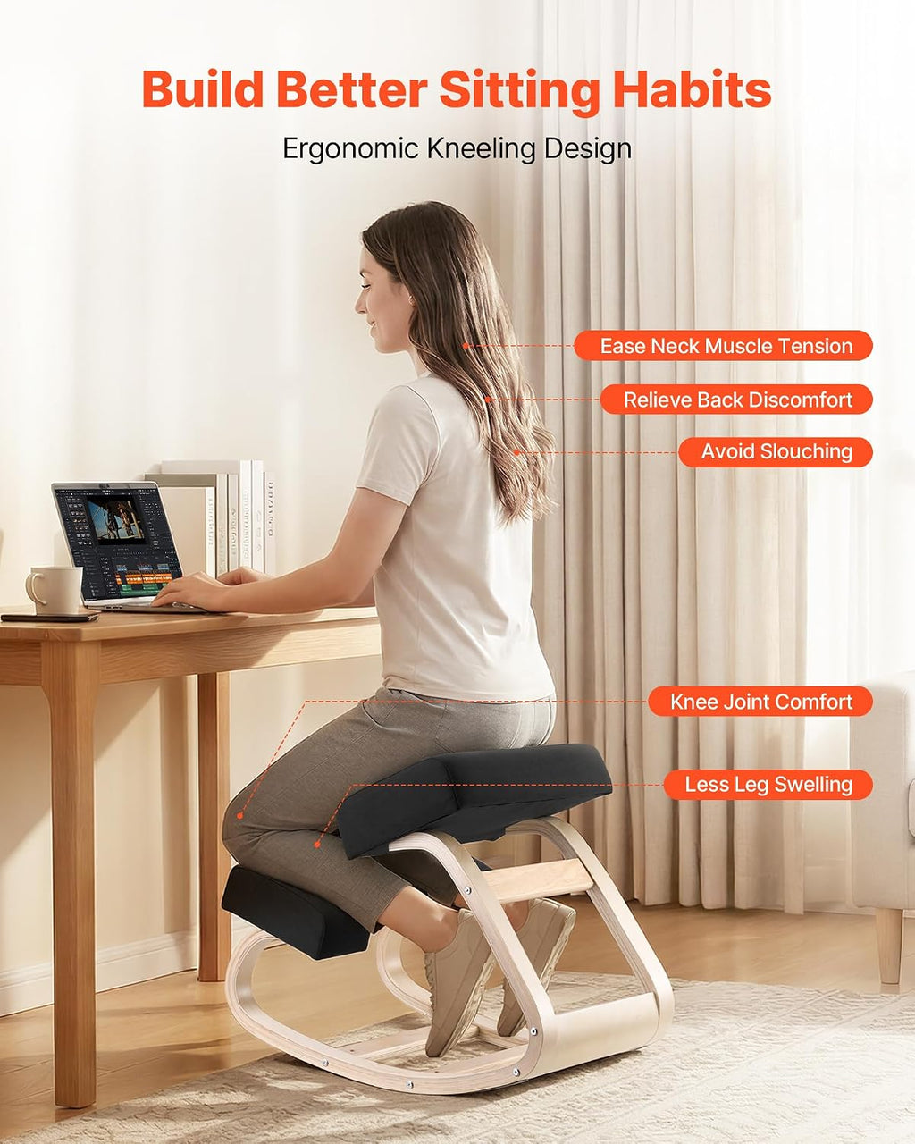 VEVOR Ergonomic Kneeling Chair, Wooden Posture Knee Chair with Thick Foam Cushions and Solid Wood Frame, Adjustable Height, Natural Relief for Neck or Back Pain, Ideal for Home, Office or Meditation