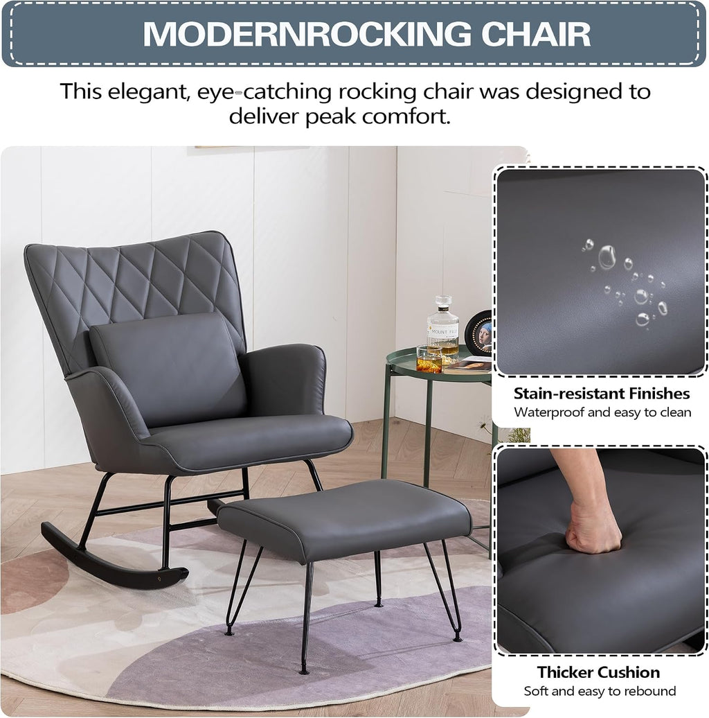 Bonrcea Nursery Rocking Chair, Glider Chair,Rocking Accent Chair with Lumbar Pillow and Ottoman for Nursery/Living Room/Bedroom