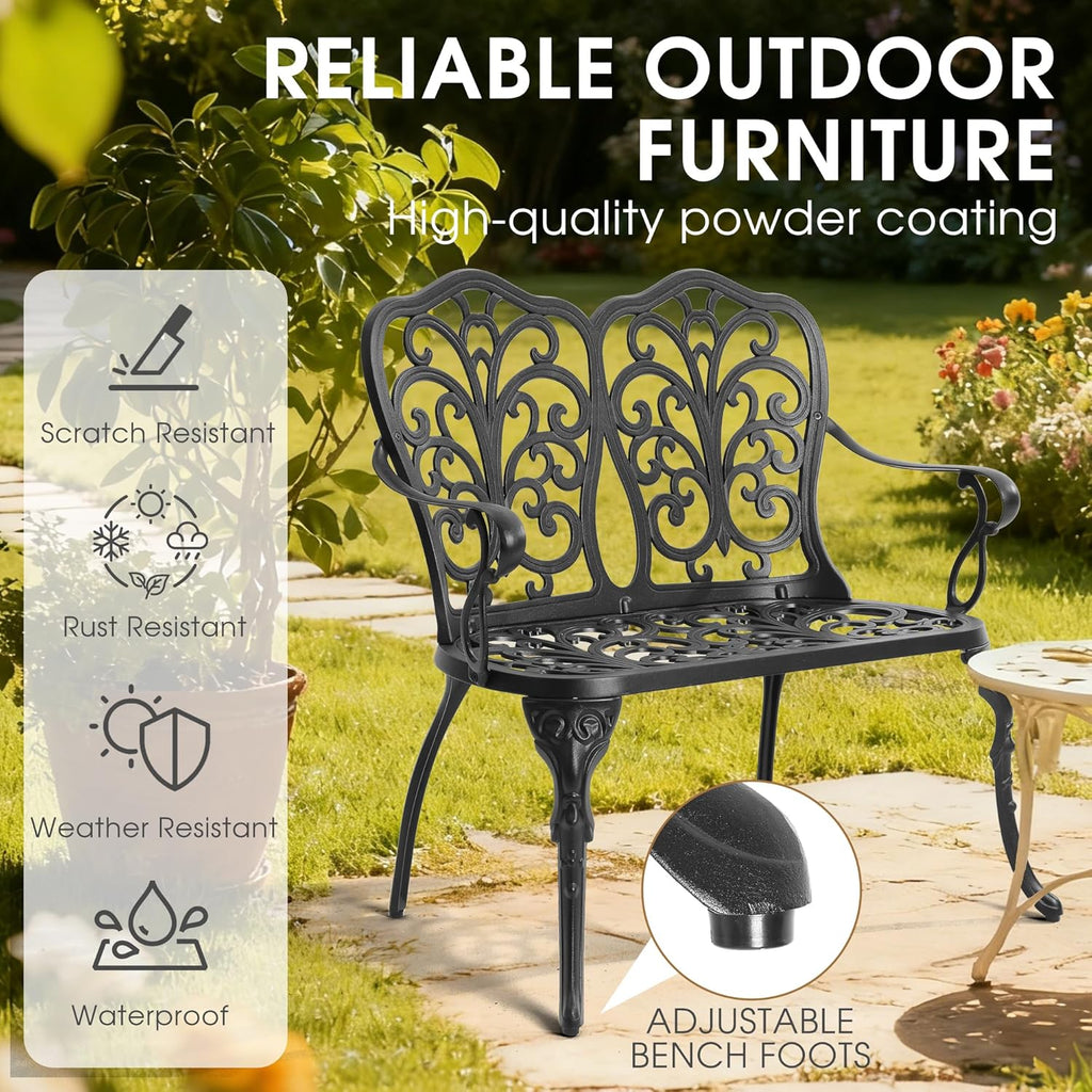 Outdoor Bench, Cast Aluminum Double Seating with Backrest and Armrests, Mental Outdoor Furniture for Patio, Porch, Garden, Park, Black Butterfly