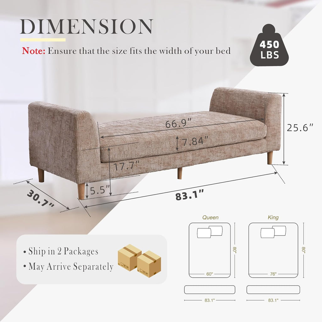 Aoiy & Wifon 83.1" W End of Bed Bench King Size, Oversized Window Bench Seat with Pillows & Rubberwood Legs for Bedroom/Living Room/Apartment, Polyester, Wheat