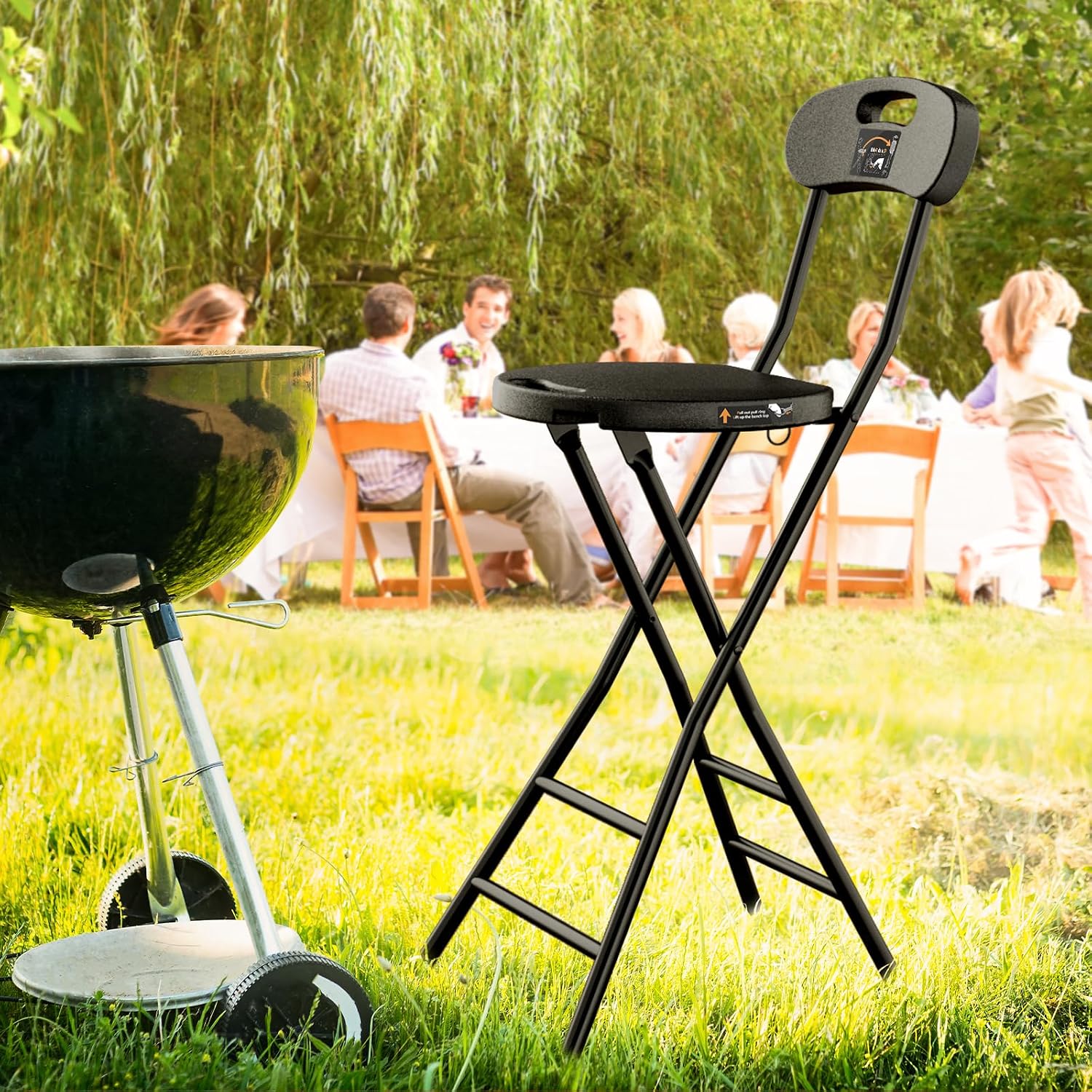5Rcom Folding Stool, 1 Pack 24 inch Folding Bar Stool with Backrest and Handle, Foldable Stools for Adults Up to 350lbs, Collapsible Round Folding Counter Height Stool Chair for Camping Kitchen