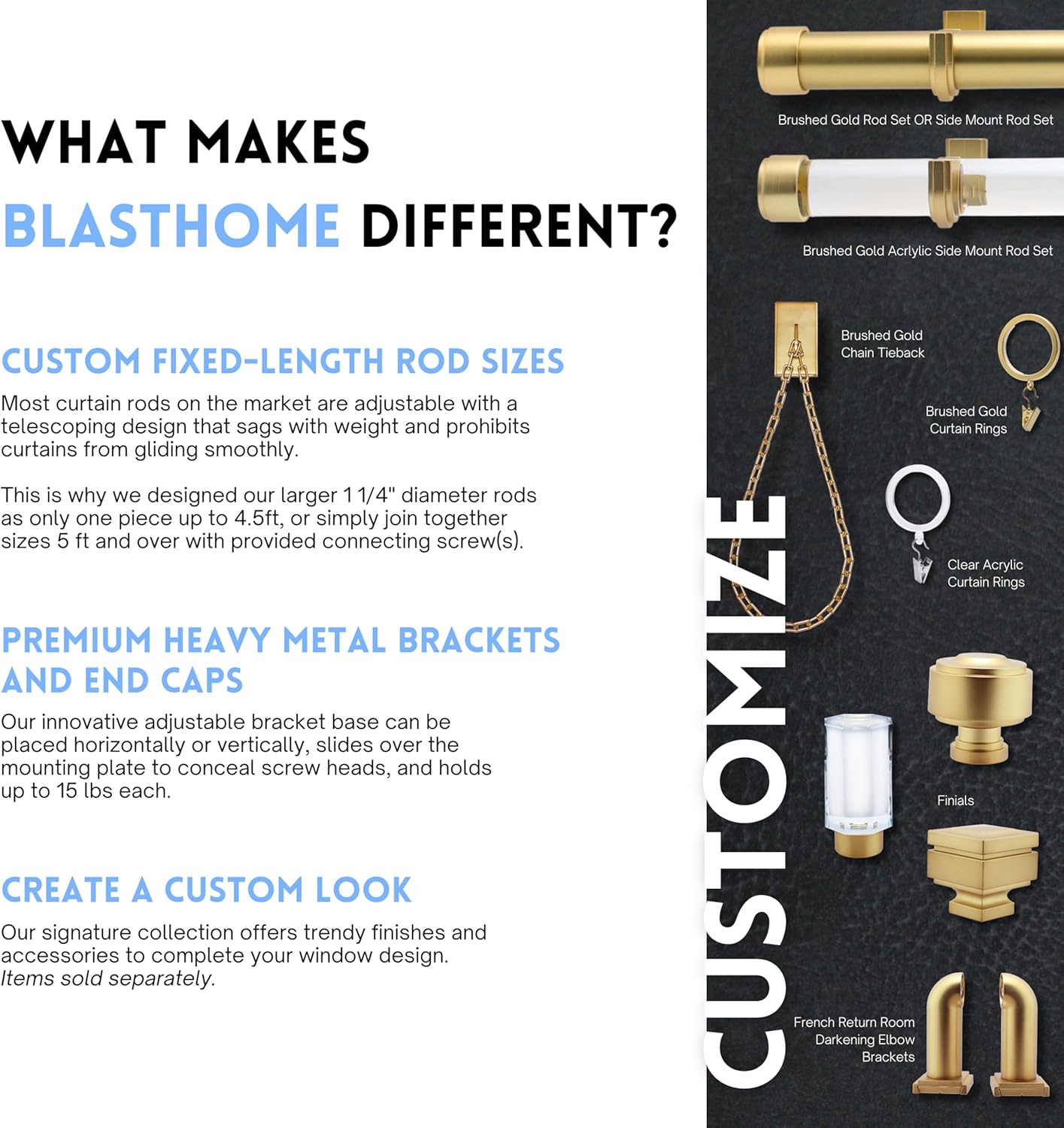 BLASTHOME® Luxury Step Square Finials – Fits Only Signature Collection Curtain Rods (Rod Not Included) – Premium Quality, Heavy Metal – Set of Two – Brushed Gold Finish
