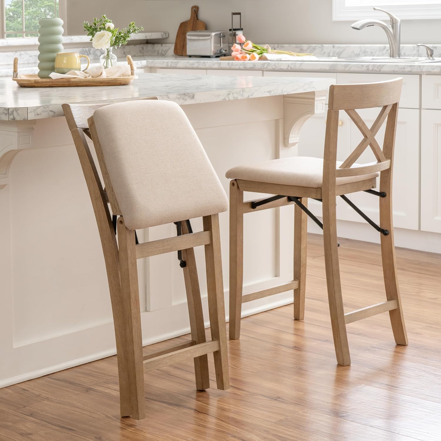 Linon Triena X Back Neutral Greywash Wooden Fully Assembled Folding 24 Inch Seat Height Counter Stool with Beige Upholstered Seat