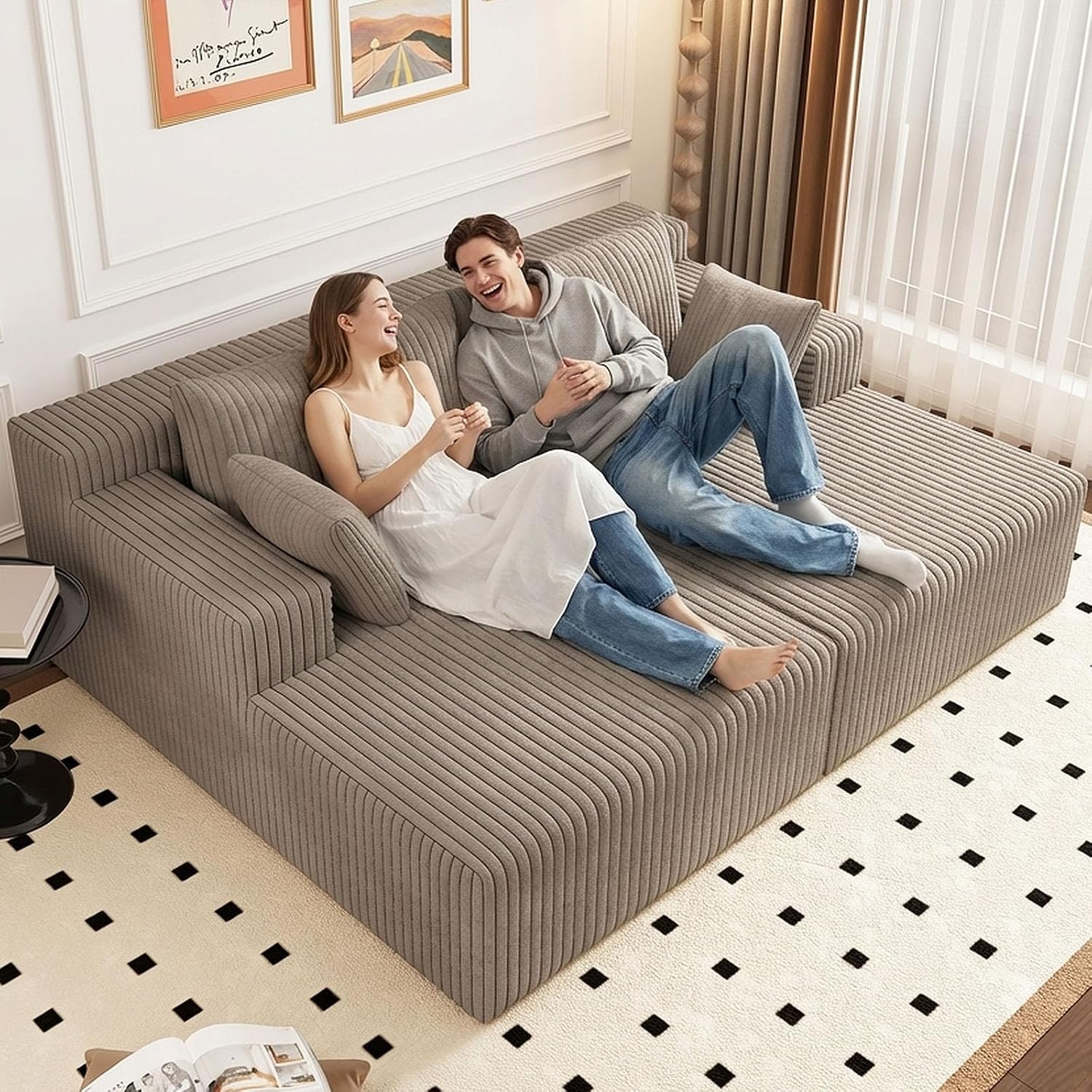 71" Oversized Double Chaise Lounges Indoor, Upholstered Corduroy Oversized Chaise Lounge Chair, Modern Sleeper Loveseat Chair Boneless Cloud Couch for Living Room Bedroom Reading (Camel)