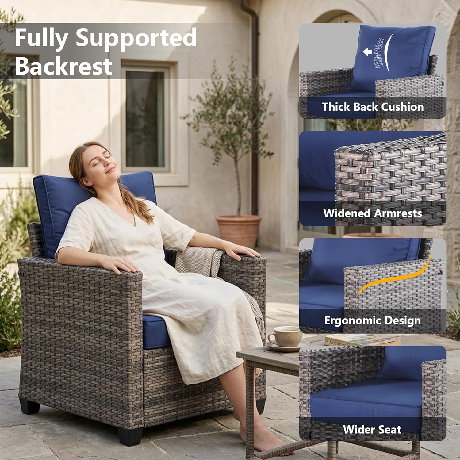 2 Piece Outdoor Patio Sofa Chairs Set, Wicker Armchairs with 4.3" Thick Cushions & High Backrests, All-Weather Rattan Porch Chairs, Patio Furniture Set for Balcony, Deck,(Blue)