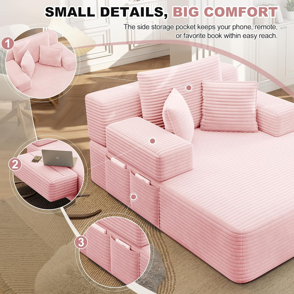60.2" Oversized Chaise Lounge Chair, Boneless Corduroy Cloud Couch, Deep Seat Convertible Sofa Bed with 3 Pillows, Wide Armrests, Side Pocket, No Assembly (Baby Pink)