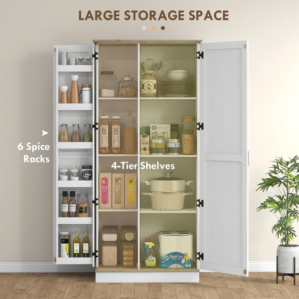 70" Tall Kitchen Pantry Cabinet, Modern Storage Cabinet with 6 Spice Racks and Adjustable Shelves, Freestanding Cupboard for Living Room, Dining Room, Cream White,15.7 * 31.5 * 69.8