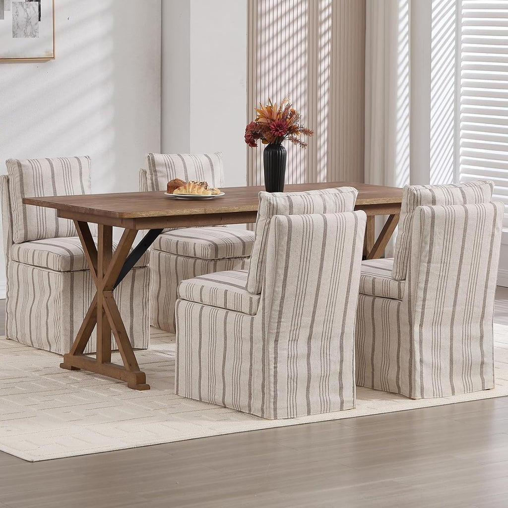 Upholstered Dining Chairs Set of 2 Slipcovered Armless Dining Chair with Solid Wood Legs, Soft Padded Upholstered Side Chair for Dining/Living/Readin Room, Banquet, Khaki Stripe