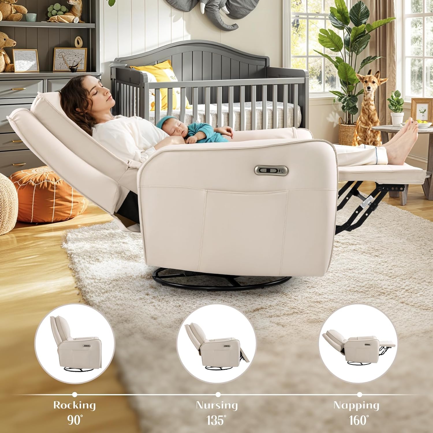 Power Recliner Gliders for Nursery, Electric Swivel Rocker Recliner Chair, Comfy Upholstered Living Room Reclining Rocking Chairs with Lumbar Support (Cream, 41" X 40" X 36")