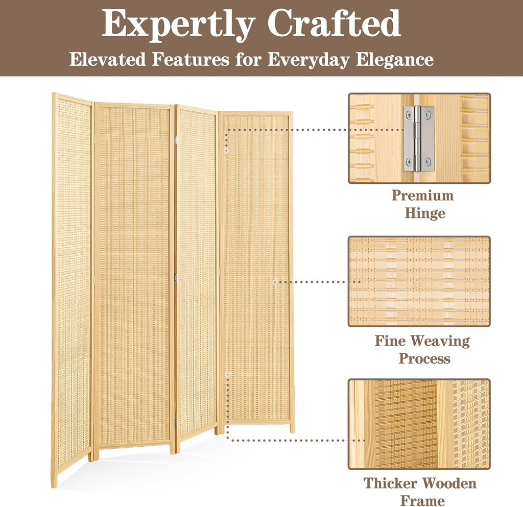 4 Panel Room Divider and Extra Wide Folding Privacy Screen, 63" W x 67" H, Bamboo Room Divider for Room Separation
