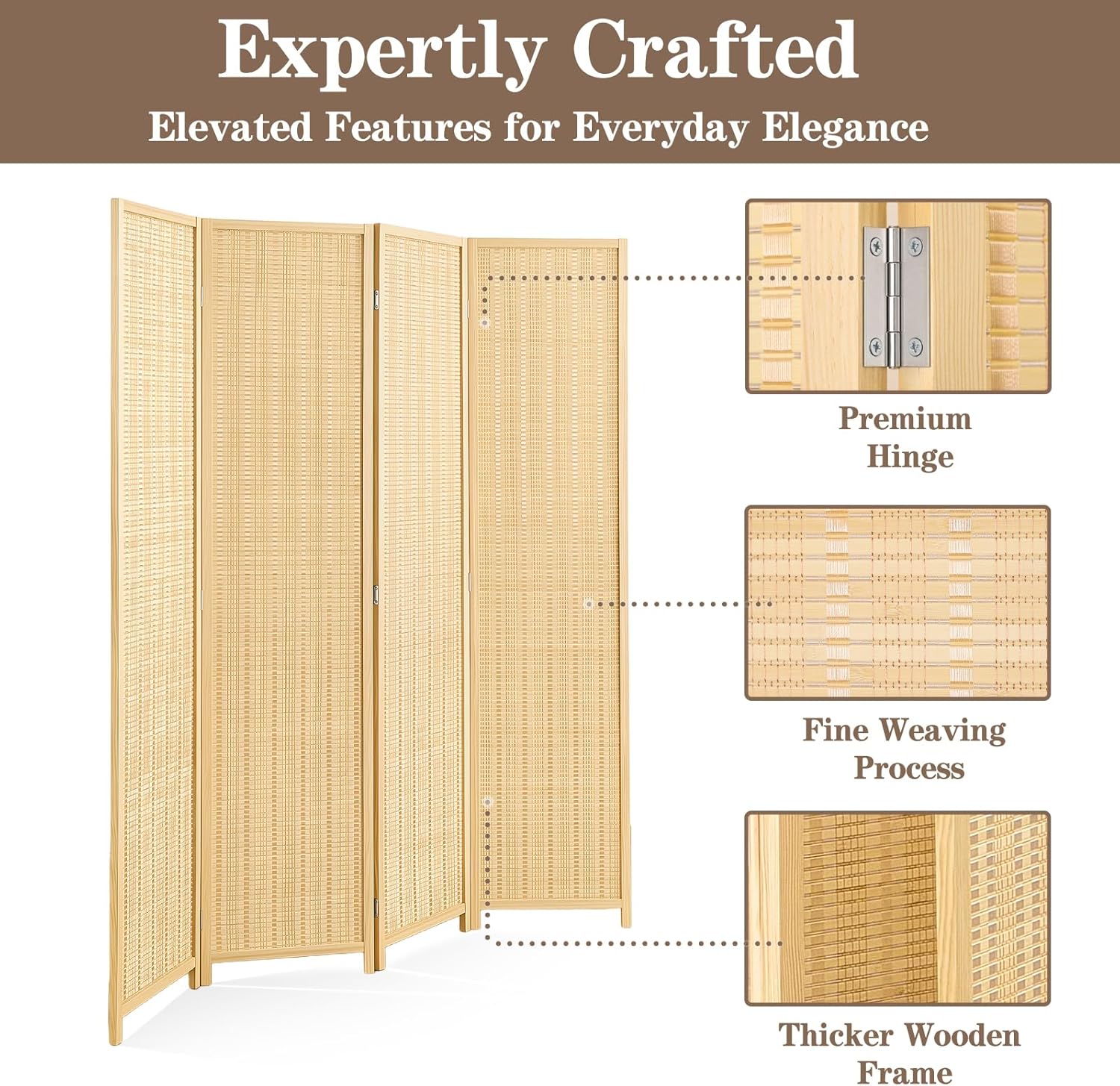 4 Panel Room Divider and Extra Wide Folding Privacy Screen, 63" W x 67" H, Bamboo Room Divider for Room Separation