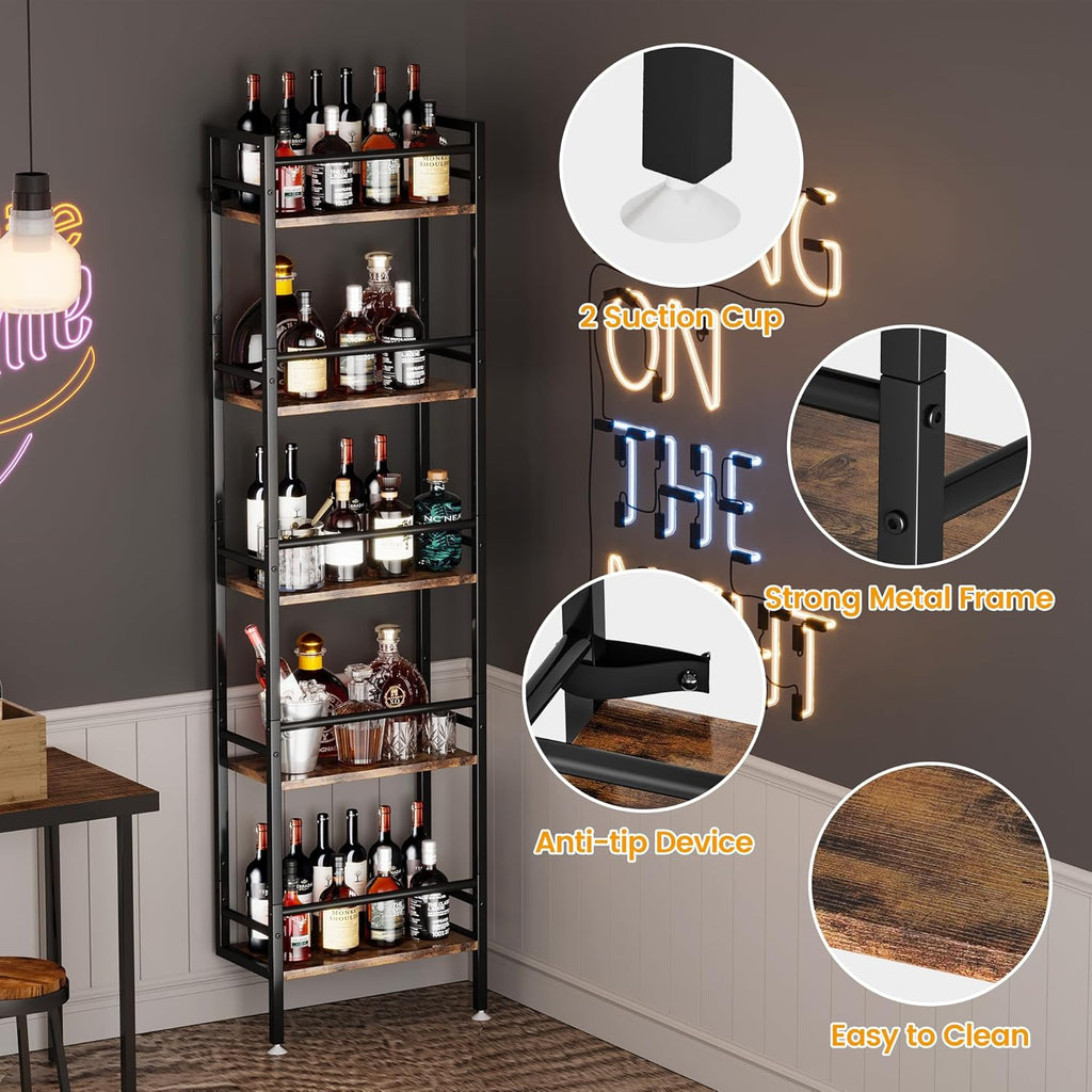 Homeiju 5-Tier Freestanding Wine Rack, 60 Bottles Wine Racks for Wall Mounted, Wines Bottle Holder Display Shelf with Fences, Liquor Storage for Kitchen, Dining Room, Bar (Rustic Brown)