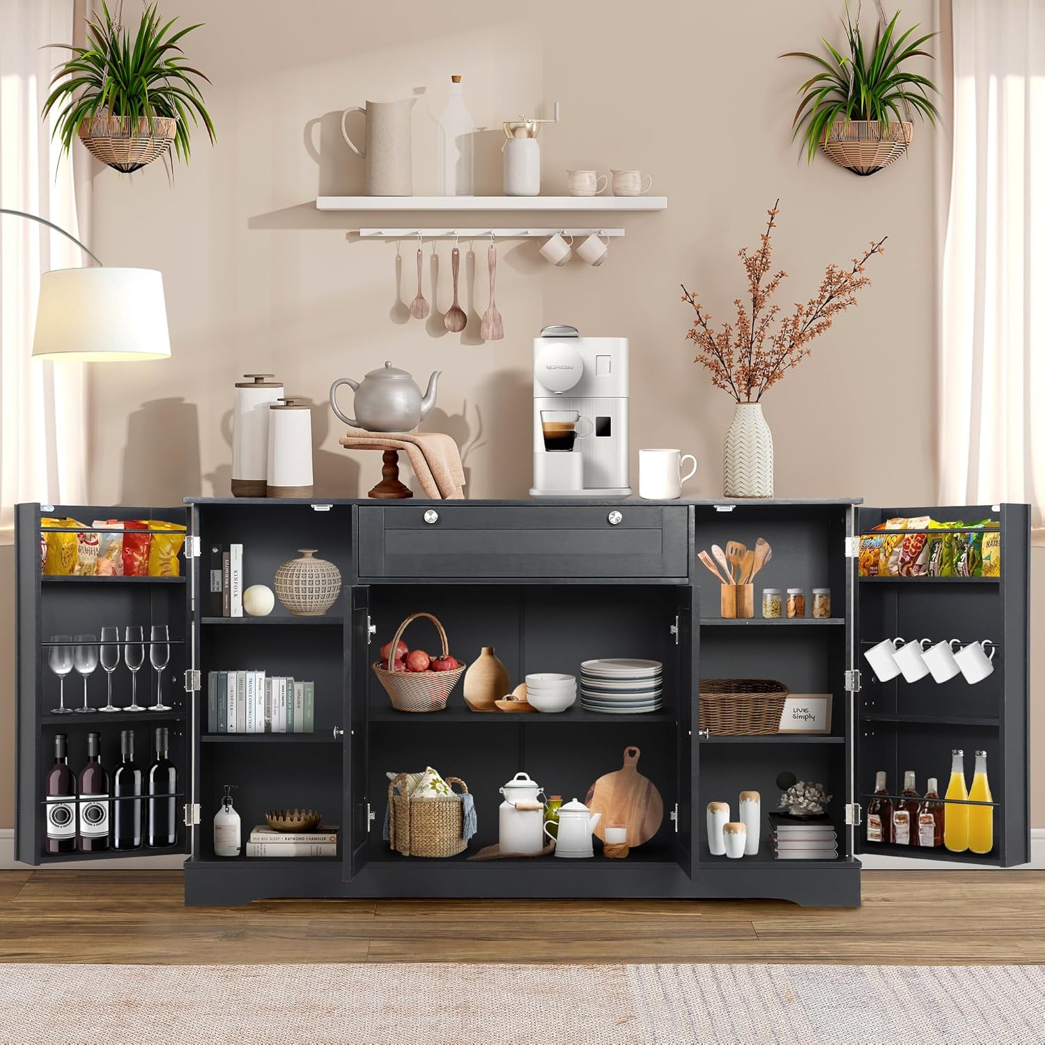 MAGIC UNION 54" Modern Buffet Cabinet with Storage, Wood Sideboard Cabinets with Drawer, Coffee Bar Cabinet with Doors and Adjustable Shelves, Kitchen Pantry Storage Cabinets for Living Room (Black)
