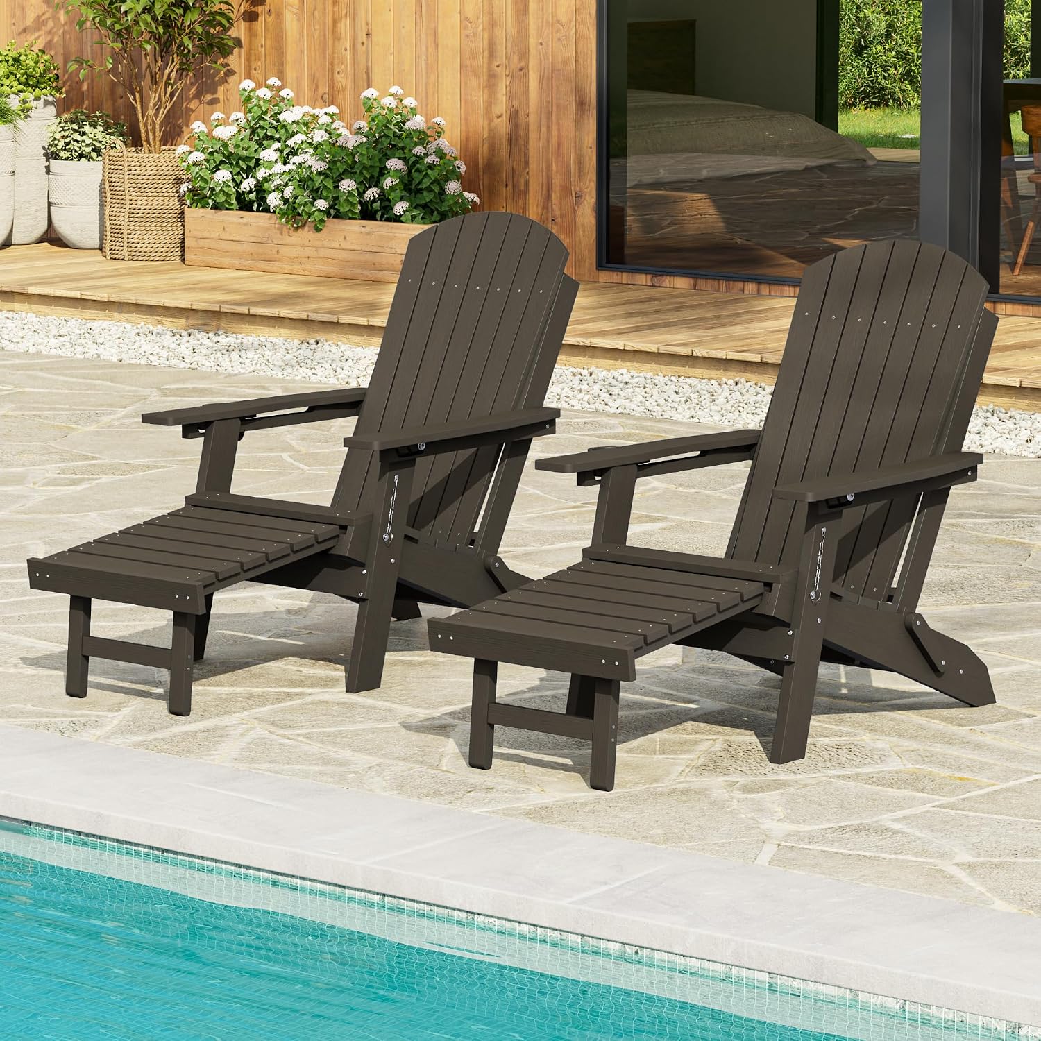 3-Position Adjustable Folding Adirondack Chair with Retractable Ottoman, HDPE Weather Resistant Patio Chair Set of 2 with Hidden Cup Holder for Lawn, Deck and Garden, Brown