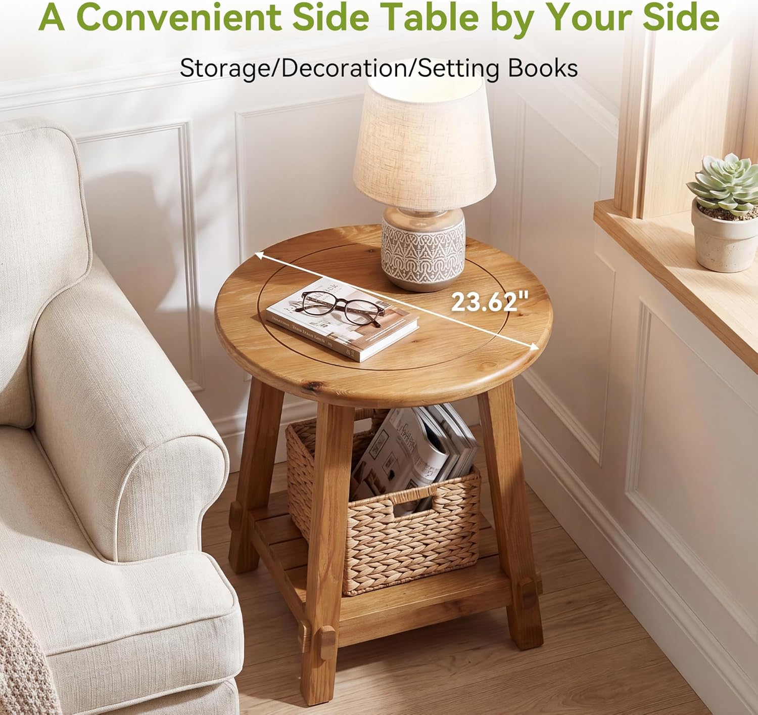 LITTLE TREE End Table for Living Room, 2-Tier Sofa Couch Table with Storage, Farmhouse Small Solid Wood End Table, Sofa Side Table for Living Room, Bedroom and Balcony (23.62" W x 25.98" H)