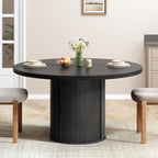 47 inch Round Dining Table for 4, Circle Kitchen Table with 2-Layer Storage Shelf and a Drawer, Modern Farmhouse Dinner Tables with Sliding Door and Wood Strip Base for Kitchen, Living Room (Black)