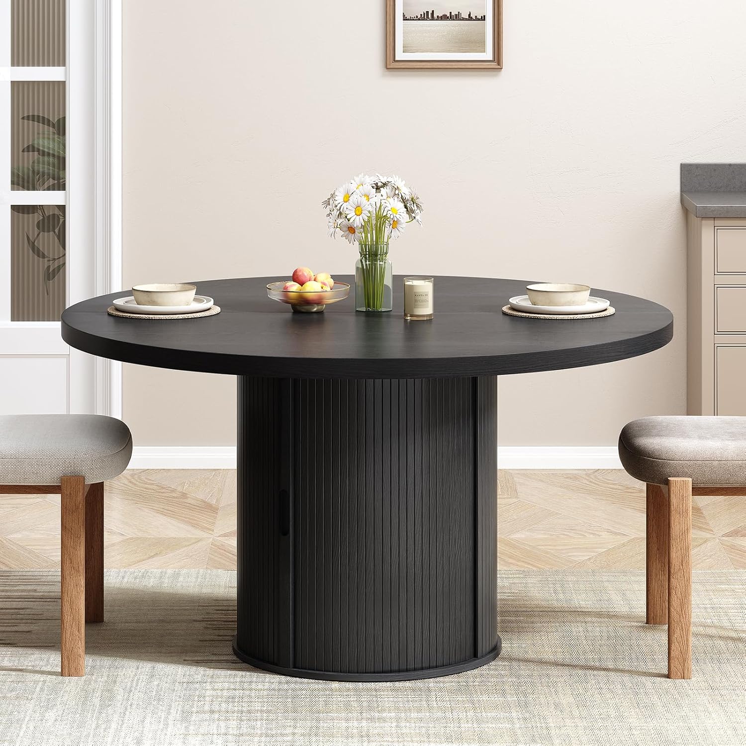 47 inch Round Dining Table for 4, Circle Kitchen Table with 2-Layer Storage Shelf and a Drawer, Modern Farmhouse Dinner Tables with Sliding Door and Wood Strip Base for Kitchen, Living Room (Black)