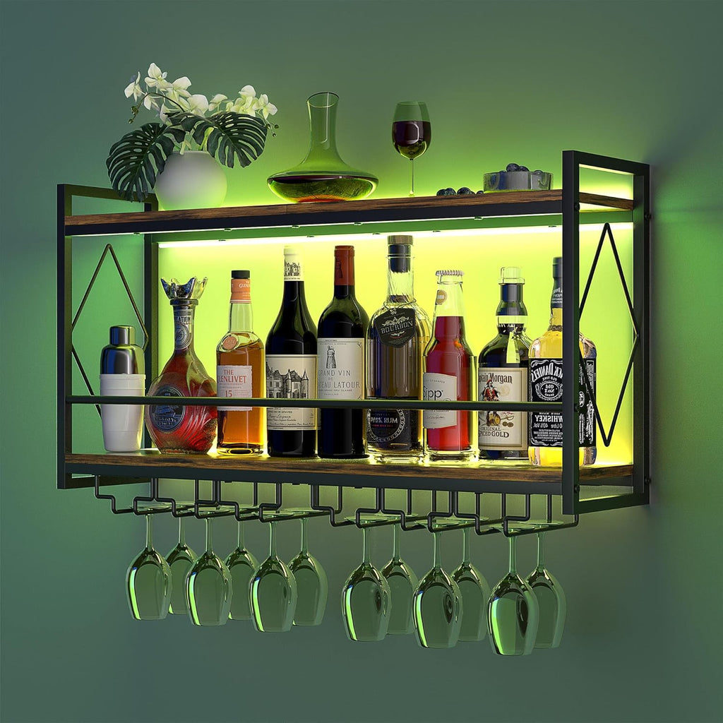 Wall Mounted Wine Rack with LED Light, 31.5" Bar Liquor Shelves with Glass Holder, Metal Hanging Bar Shelves Wine Storage Rack Display for Kitchen Home Bar Dining Room Living Room