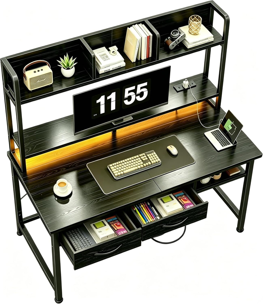 DurayLoly 39.4" Computer Desk with Hutch & Monitor Stand,Gaming Desk with Shelves & Drawers, Writing Desk with LED &Power Outlet,Office Desk,Study Desk for Bedroom Home Office,Small Space,Black