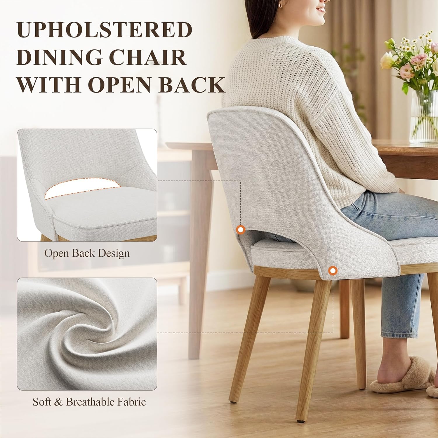 MALOL Wooden Dining Chairs Set of 2, Modern Fabric Upholstered Dining Room Chair, Kitchen Side Chairs, Farmhouse Armless Dinner Chair with Open Back for Kitchen, Beige
