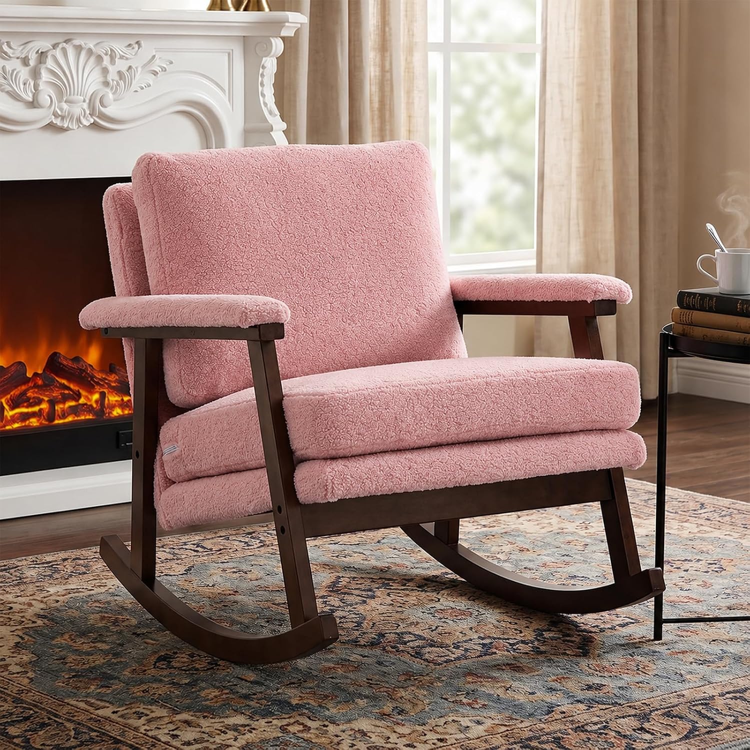 Nursery Rocking Chair, Pink Teddy Fabric Upholstered Rocking Accent Chair with Solid Wood Frame, High-Density Foam Cushion, Comfy Reading Armchair for Bedroom Nursery